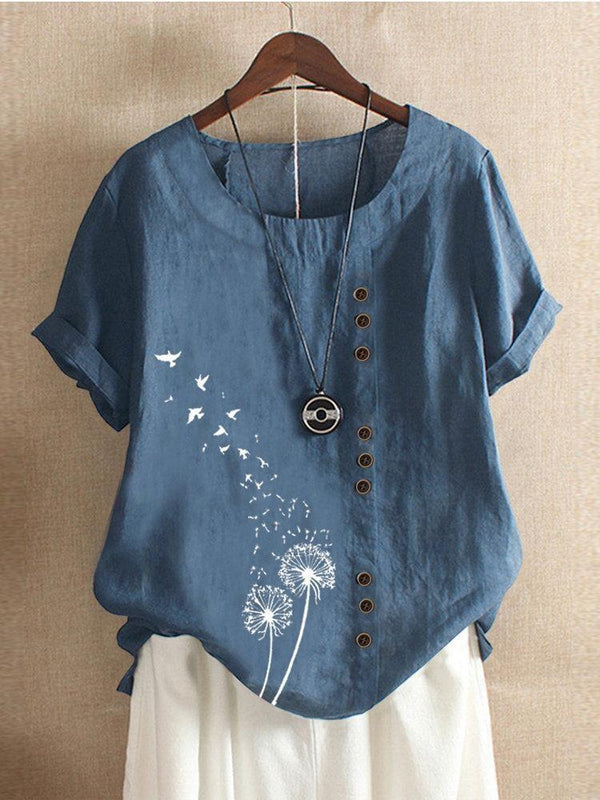 FLOWER BIRDS PRINT SHORT SLEEVE BUTTON TSHIRT