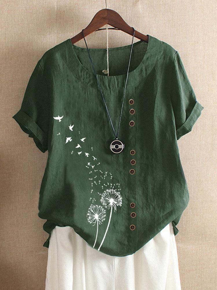 FLOWER BIRDS PRINT SHORT SLEEVE BUTTON TSHIRT