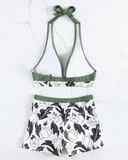 Plants Print High Waist Halter Bikini Set